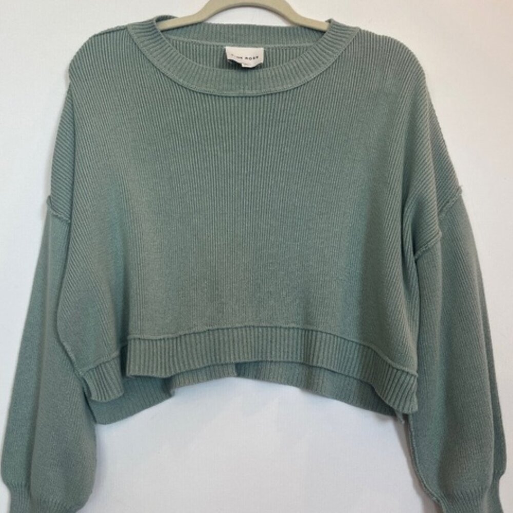 Pink Rose Green Women’s Knit Cropped Cotton Pullover Balloon Sleeve Sweater LG